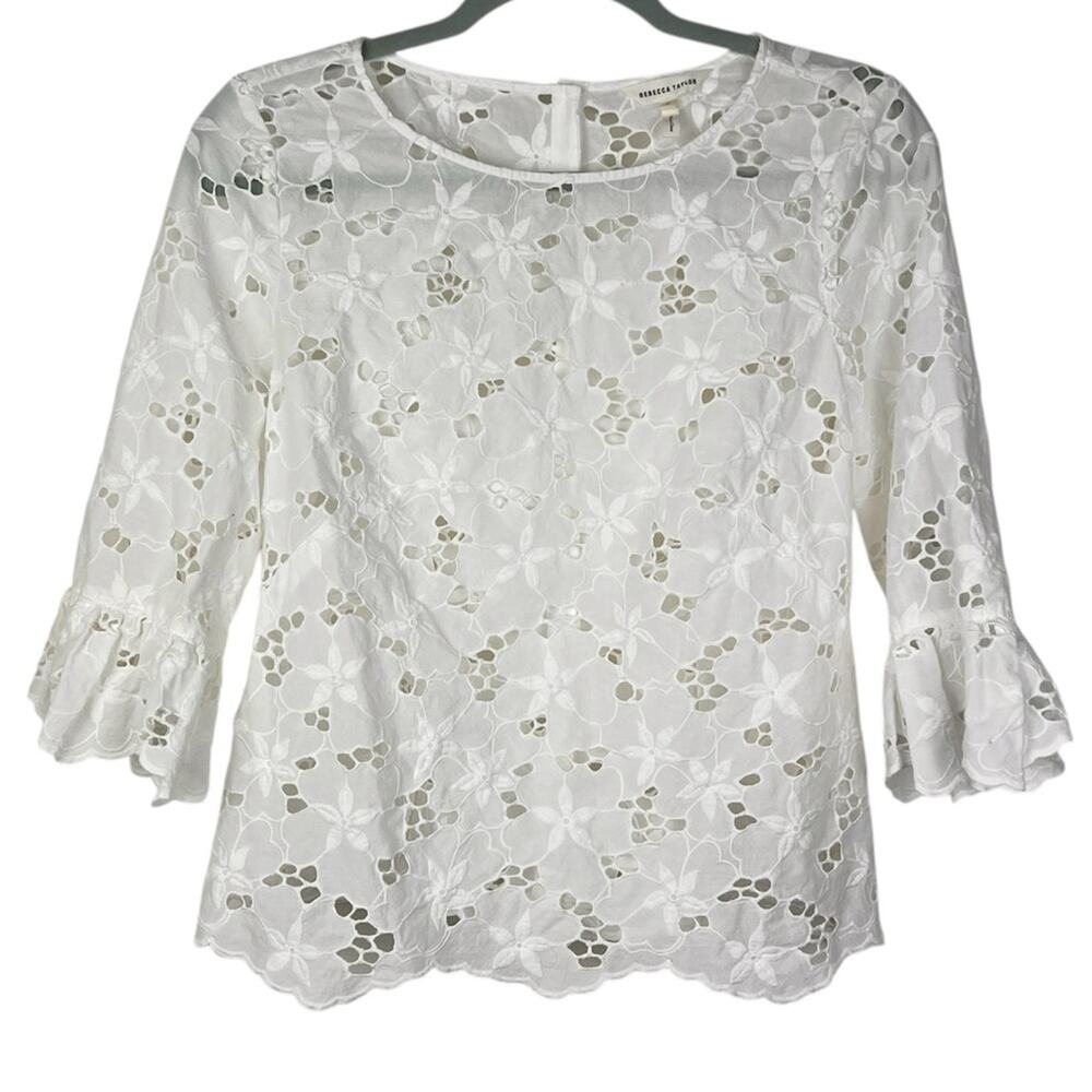 Rebecca Taylor Adriana White Floral Eyelet Blouse 8 Embroidered - Picture 2 of 7
